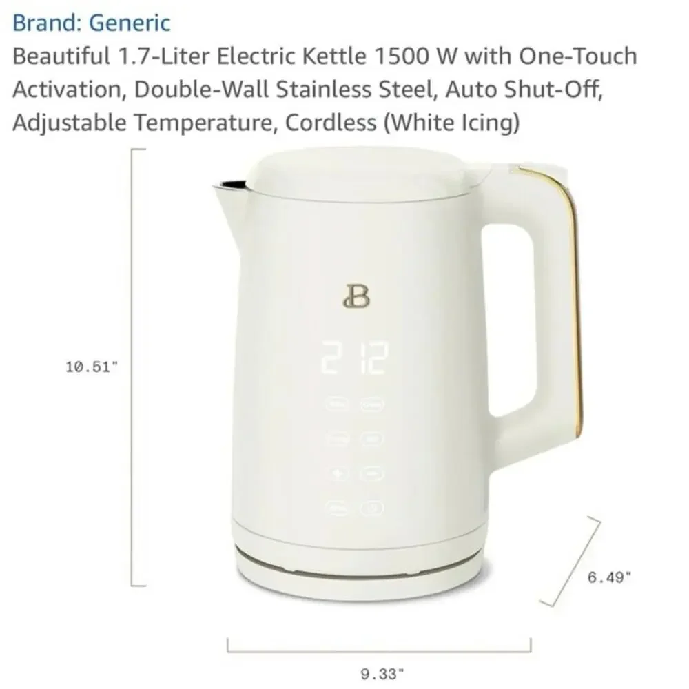 Beautiful 1.7-Liter Electric Kettle Double-Wall Stainless Steel, (White Icing)